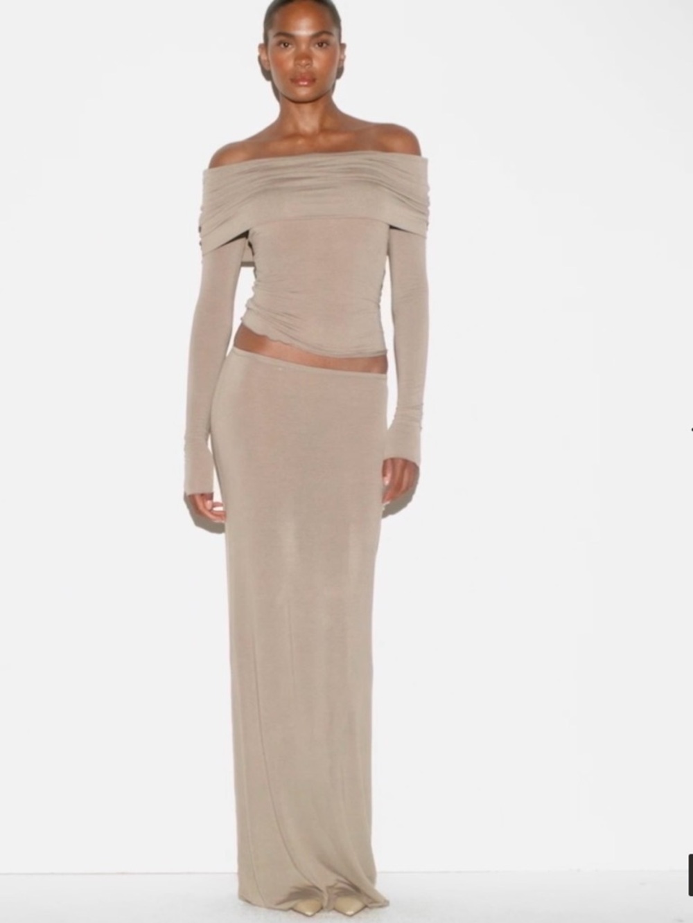 SKIMS Cashmere Blend Sheer Modal Long Skirt in color Dune size Xsmall